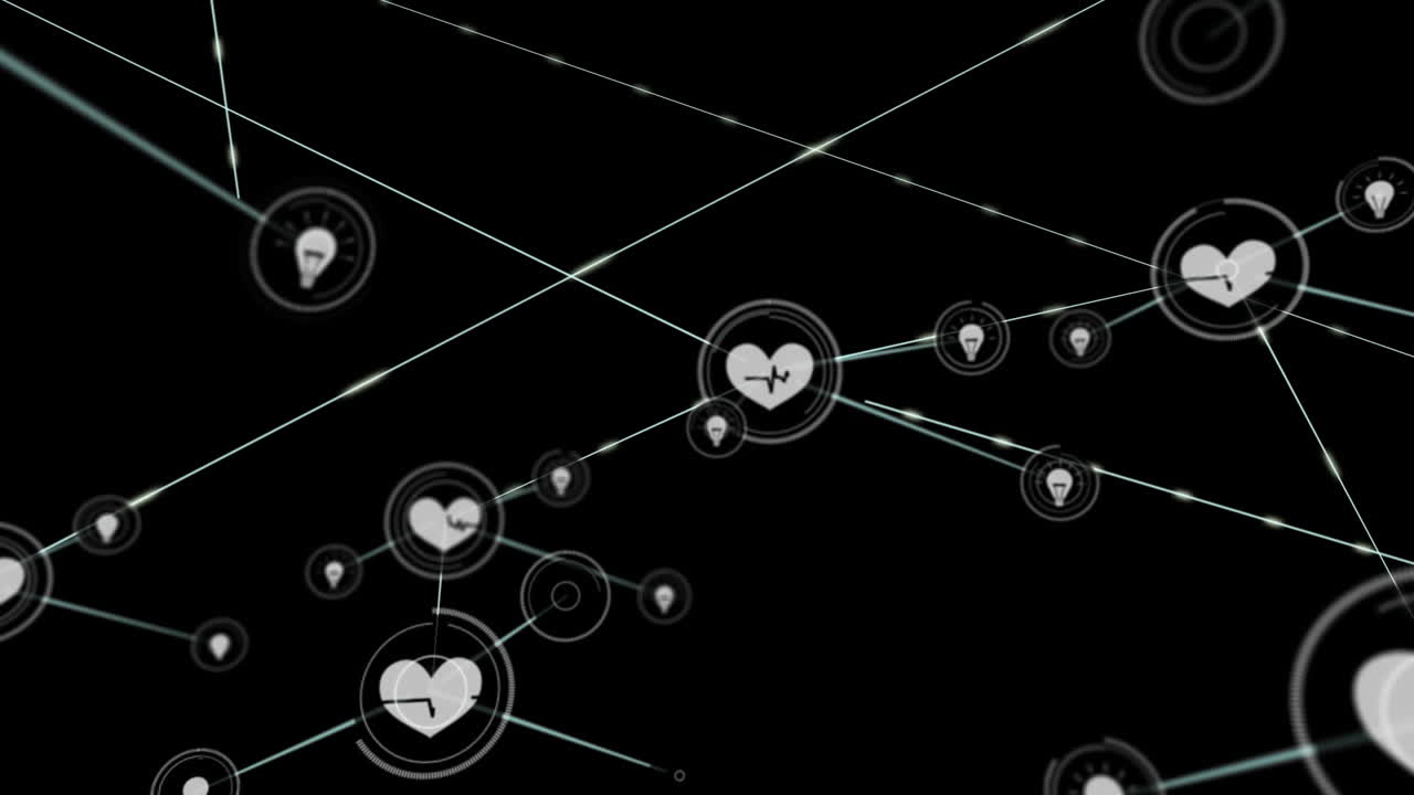 animación de una red de iconos digitales contra un fondo negro
