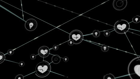 animación de una red de iconos digitales contra un fondo negro