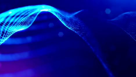 las partículas forman una línea, una cuadrícula de superficie o un misterioso espacio virtual. animación 3d sin costuras como fondo de ciencia ficción digital de partículas brillantes con profundidad de campo, bokeh. cuerdas azules 6