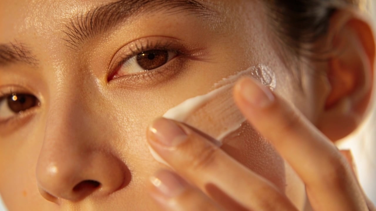 Donna che applica una noce di crema sulla guancia destra, spalmando la crema con la punta delle dita in un primo piano in studio per la lucentezza.