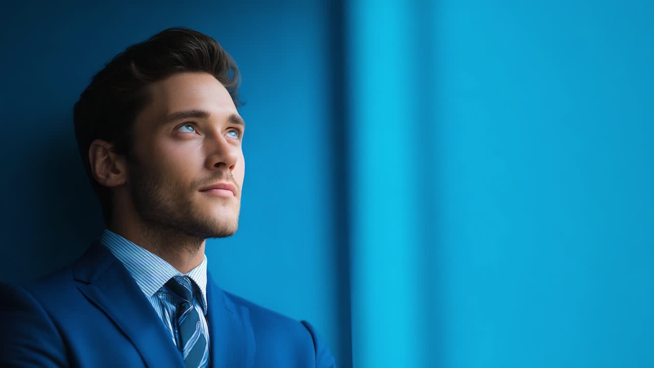 Un uomo pensieroso, vestito con un elegante completo blu, alza lo sguardo, riflettendo su idee e aspirazioni contro uno sfondo di sereni toni blu.