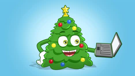 árbol de navidad de dibujos animados sosteniendo una computadora portátil en la mano con animación facial alfa mate