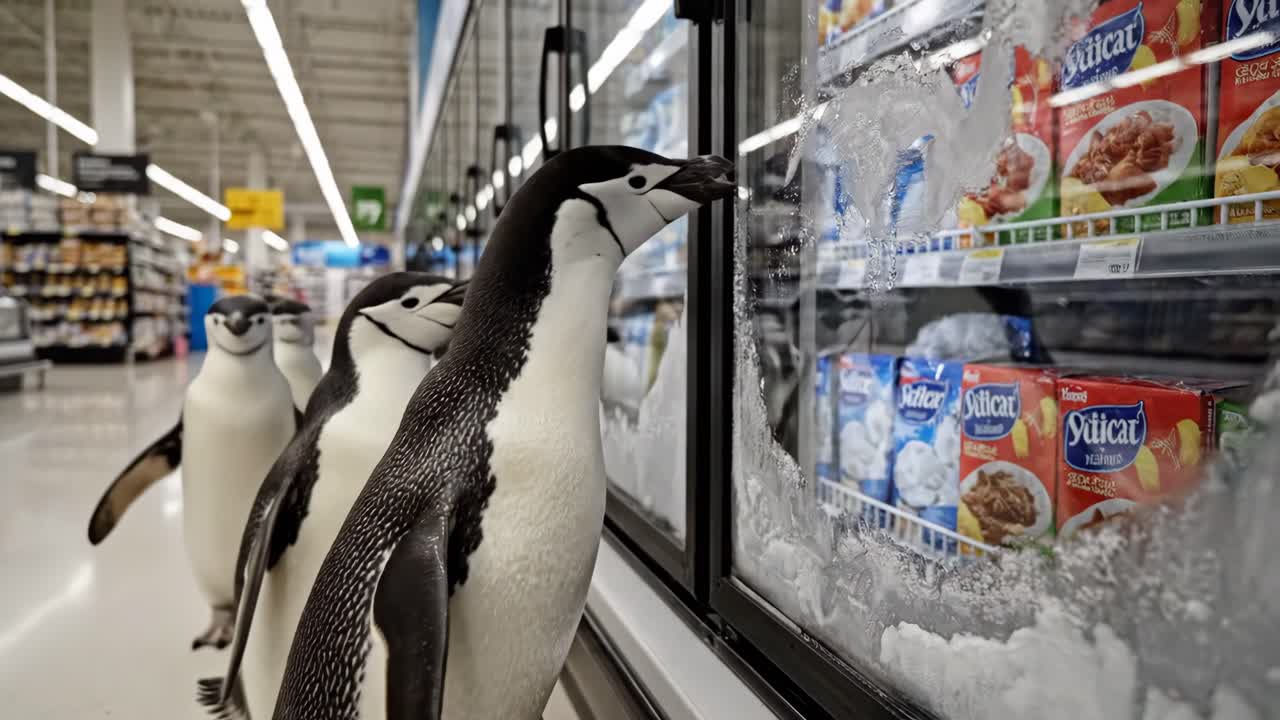 Penguins in a Supermarket Looking at Frozen Food