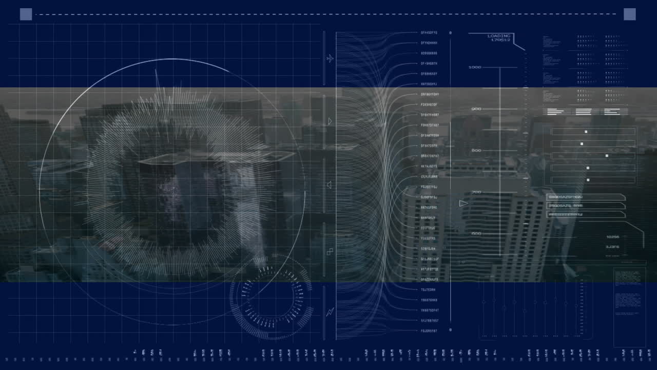 Analyzing data with animation, futuristic digital interface over cityscape backdrop