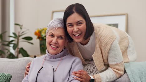 face, senior mother and woman on sofa in home