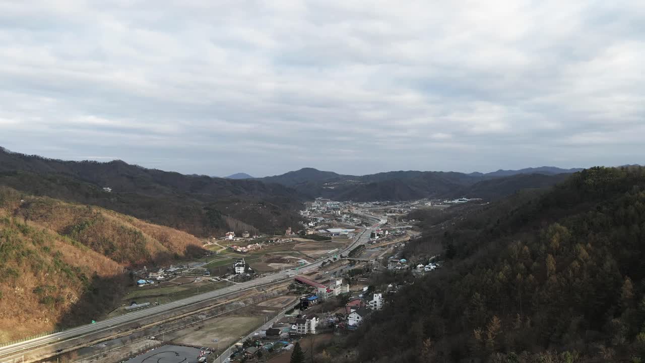 Aerial drone nature vista with hills and mountains Gangwon province, South Korea