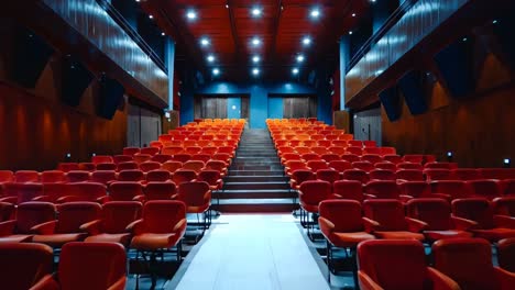 a large auditorium with rows of red chairs in it