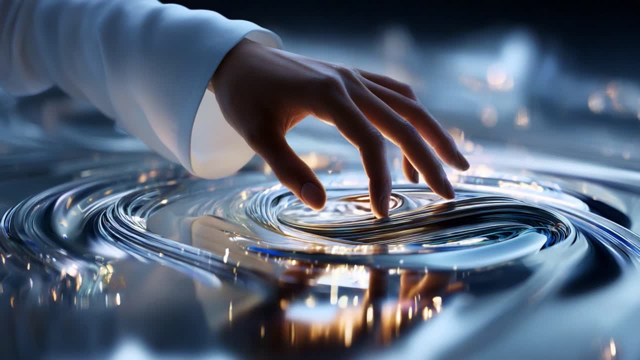 A Mesmerizing Interaction with Fluid Dynamics: Capturing the Elegance of a Human Hand Engaging with Swirling Liquid on a Reflective Surface in a Dreamlike Setting