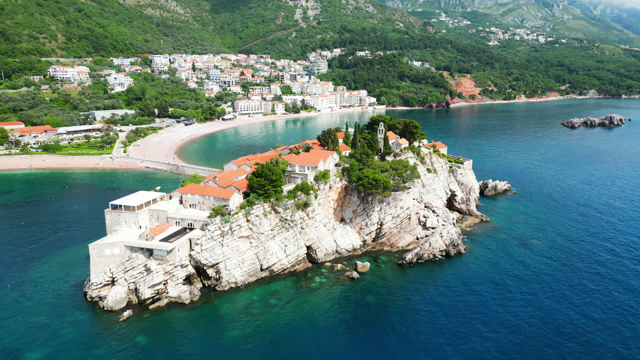 Aerial, drone view of Sveti Stefan in Montenegro