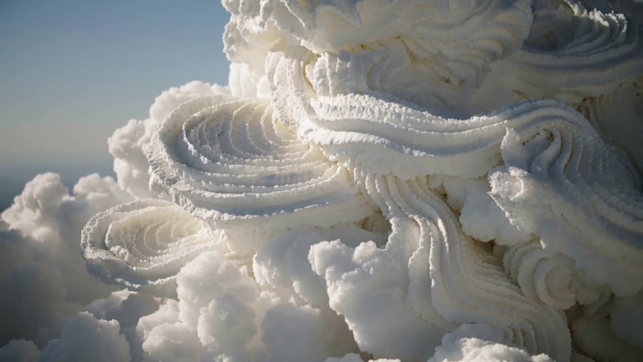 Kamera, der nærmer sig og viser en stor, kruset spiralformet sky over en blegblå himmel, der afslører en lagdelt tekstur.