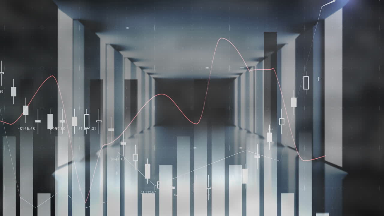 Financial data being visualized over futuristic corridor with bar chart icons in 3D render