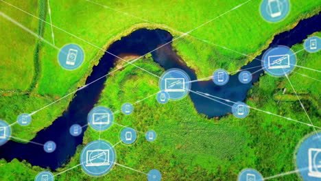 animation of network of connections with electronic devices icons over river