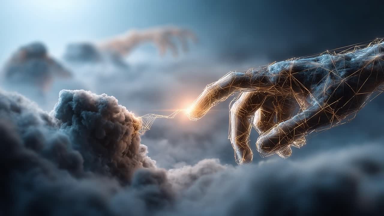 A Captivating Visual of a Digitally Rendered Hand Extending Towards a Cloud, Merging Elements of Technology and Nature, Eliciting a Sense of Wonder and Connection
