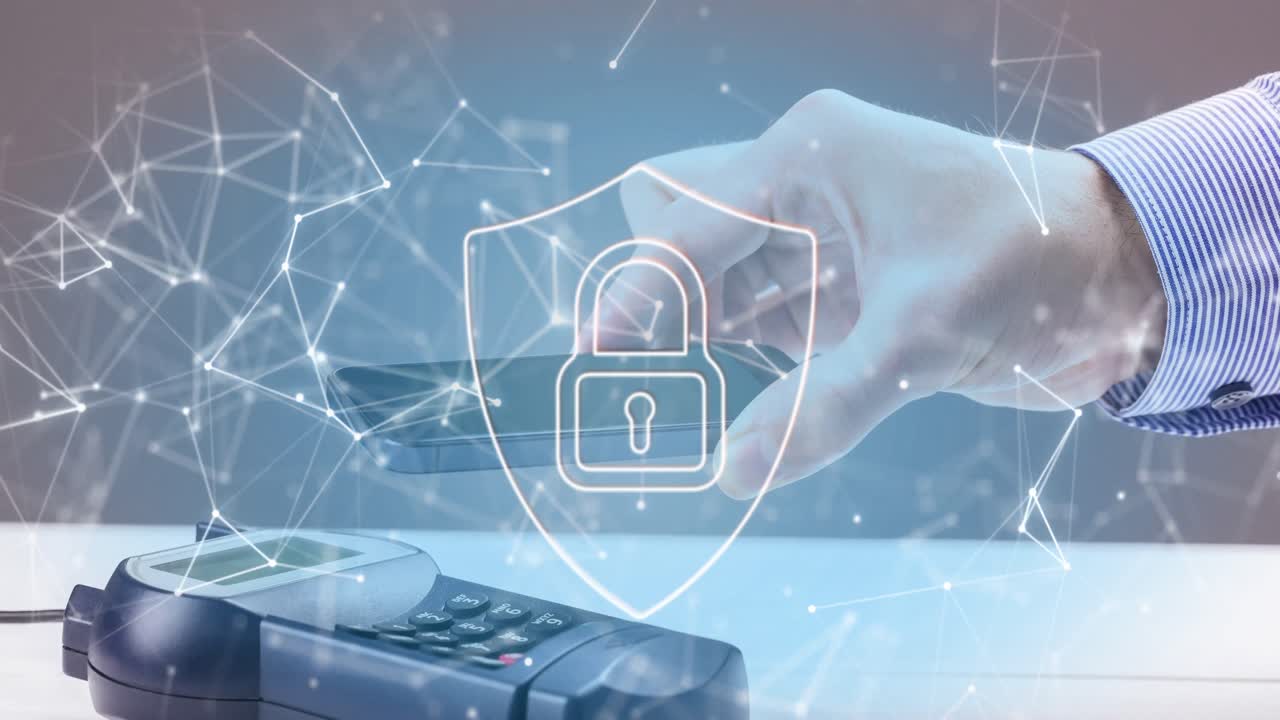 Animation of network of connections and security padlock on shield over payment terminal