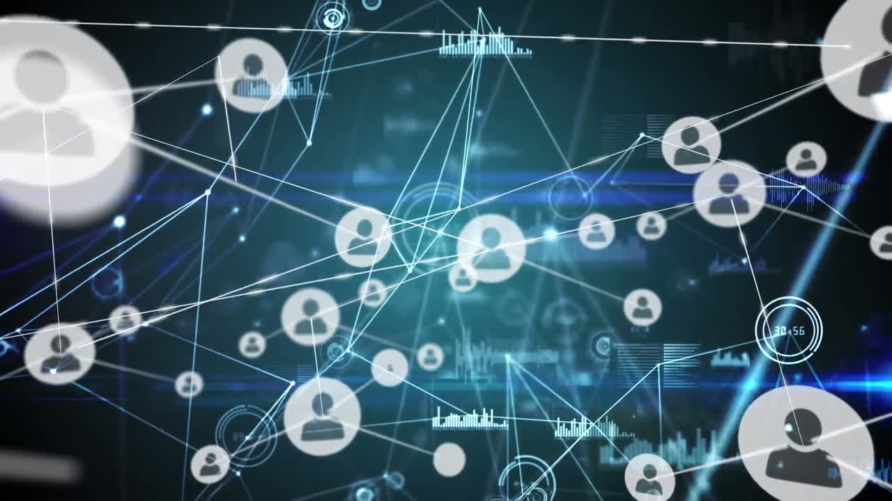 검은색과 파란색 배경에 아이콘으로 연결 네트워크의 애니메이션