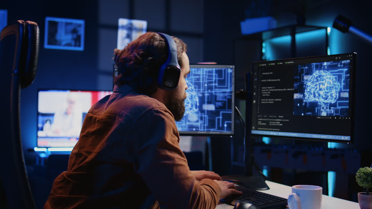 IT expert enjoying coffee and audio podcasts while writing AI code