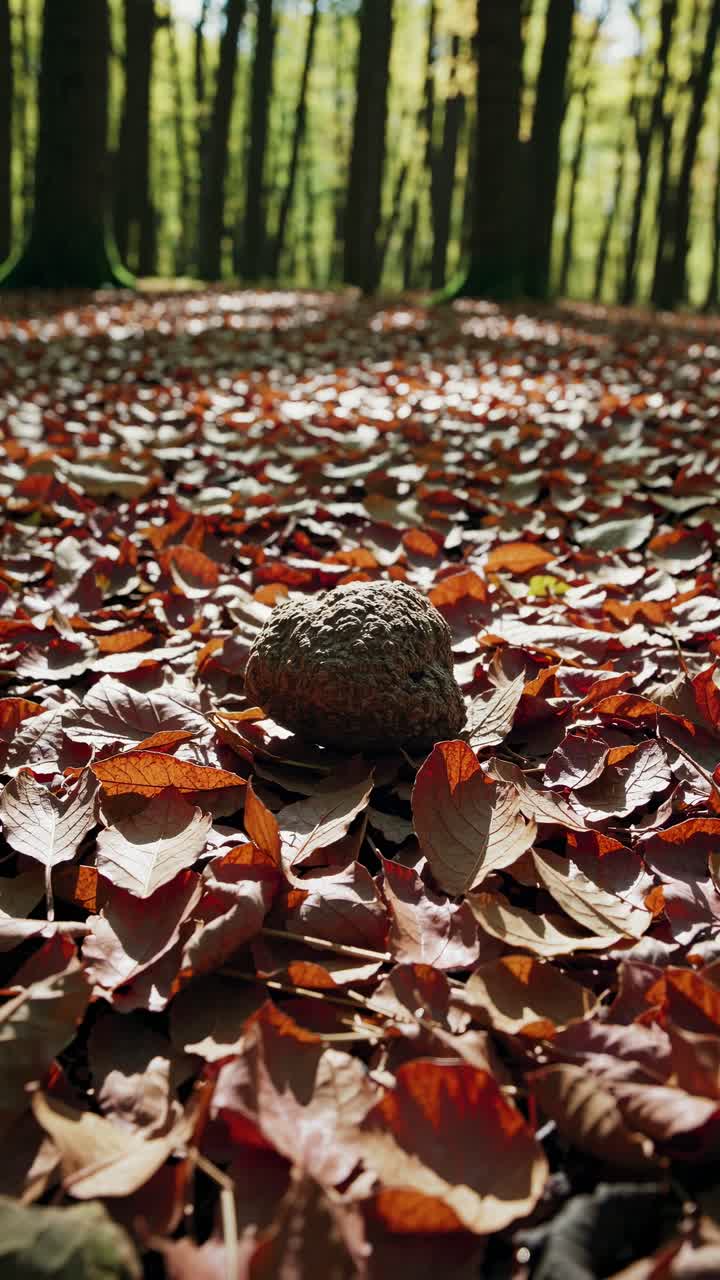 Low-angle video shot of a forest floor covered in autumn leaves, focusing on a textured rock