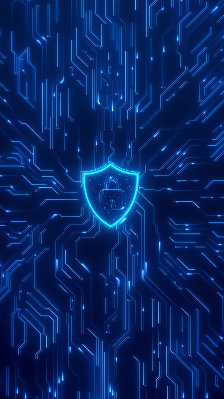 Blue cyber shield lock circuit background with glowing protection icon electronic network paths and