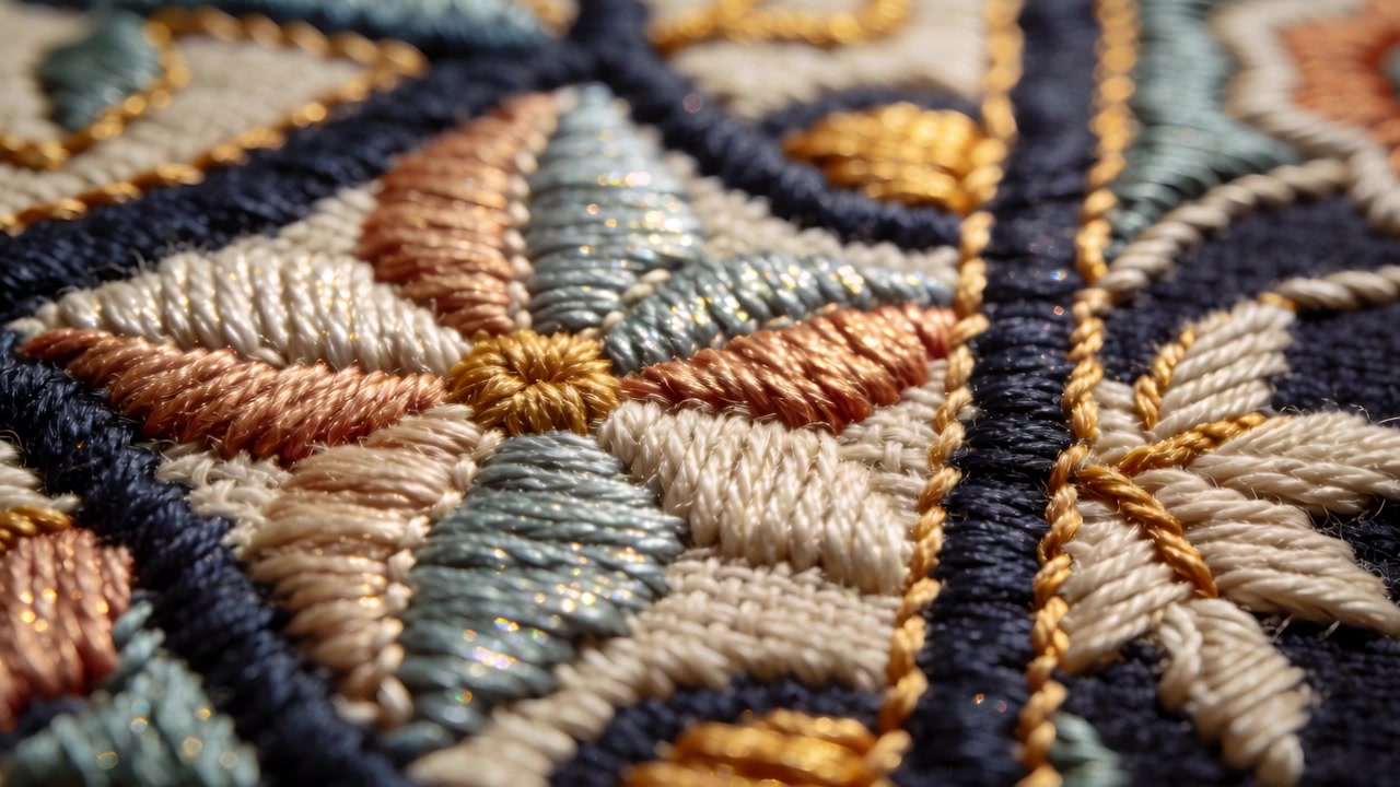 Moving macro camera via focus, revealing embroidered panel on craft table showing metallic sheen