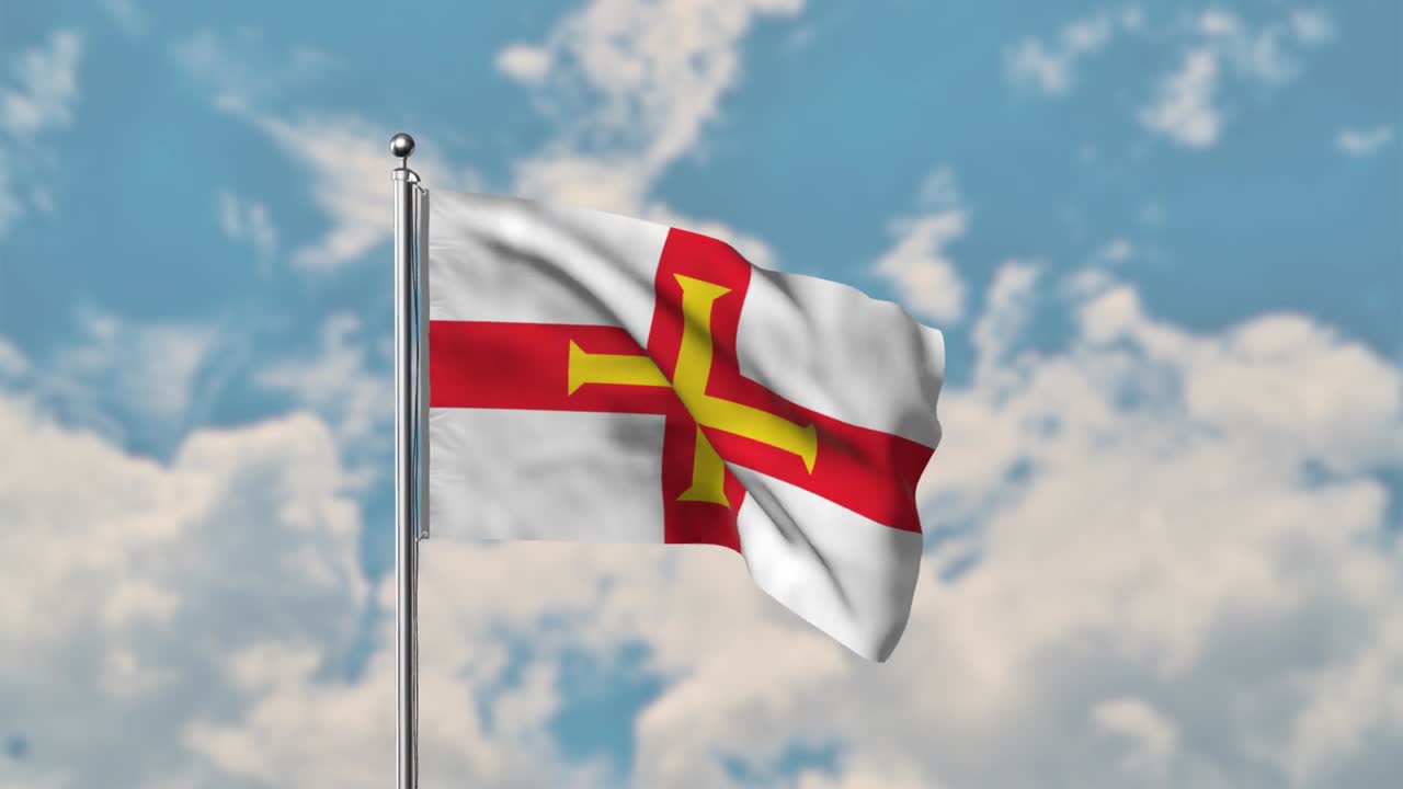 bandera de guernsey ondeando en el cielo azul video realista 4k