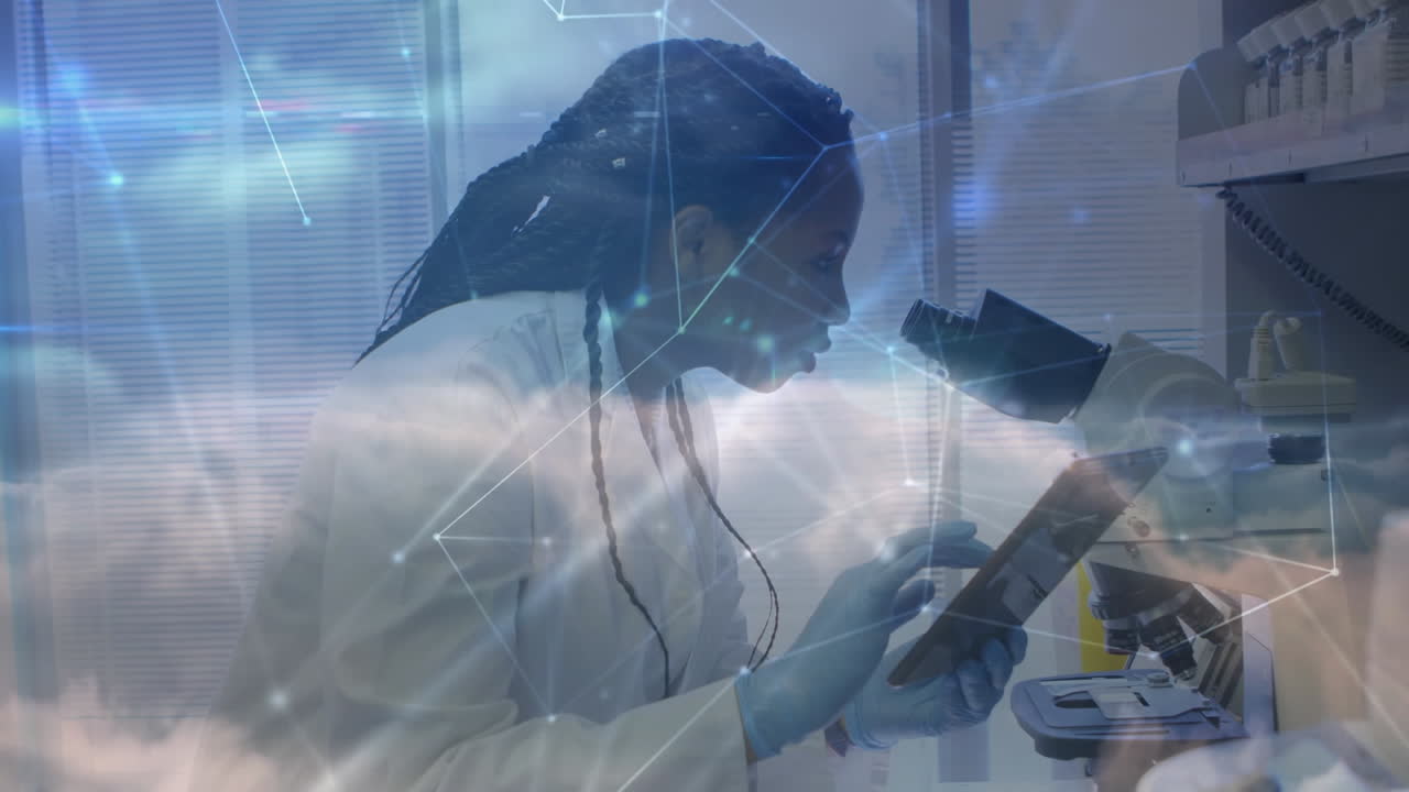 animación de la red de conexiones sobre la mujer científica en el laboratorio