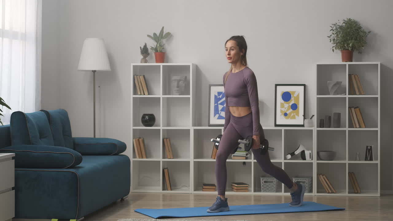 una deportista sexy está haciendo ejercicios para las nalgas en casa agachándose con pesas en las manos manteniéndose en forma y perdiendo peso fitness y bienestar