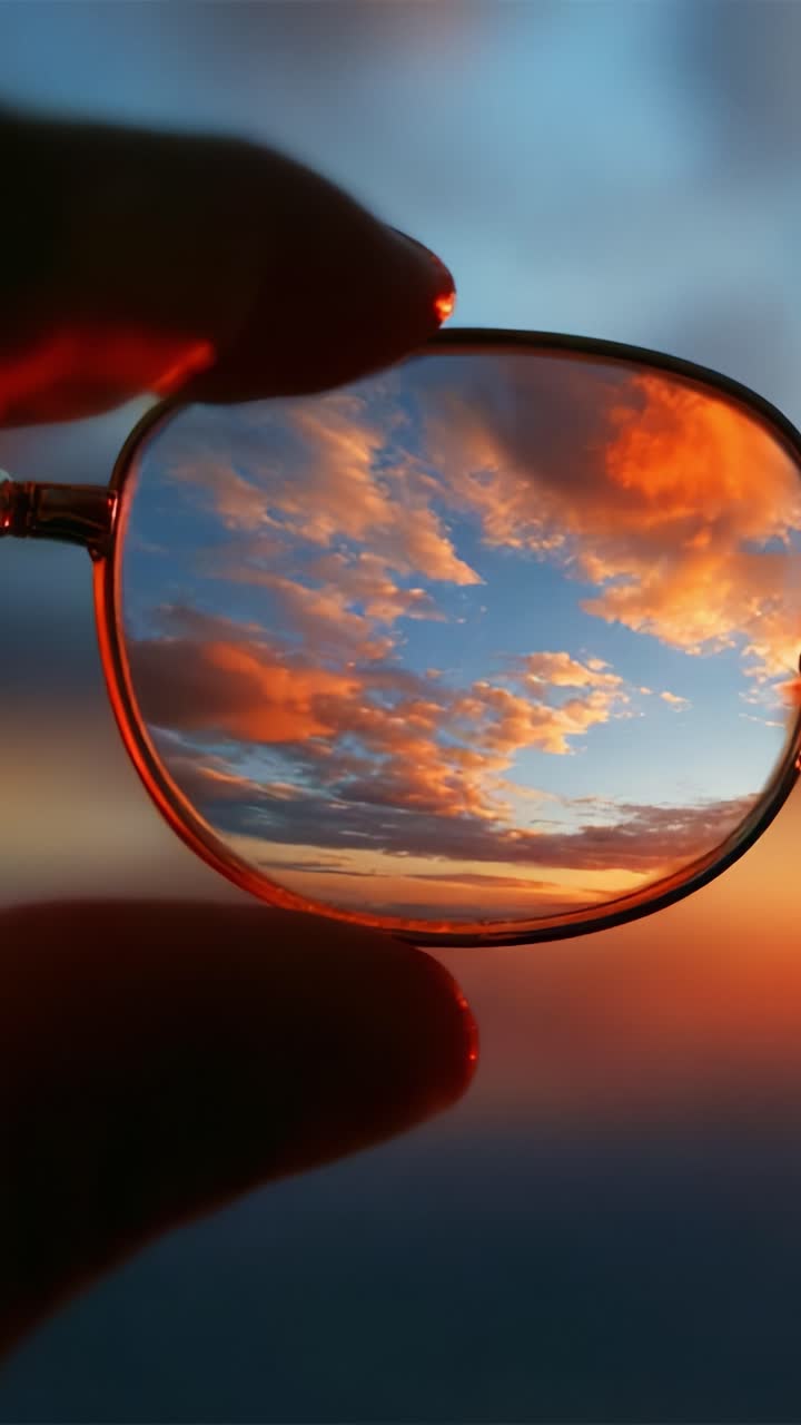 A Hand Holding Glasses Reflecting a Vibrant Sky at Sunset, Showcasing Vivid Colors and Cloud Patterns for an Artistic Perspective on Nature's Beauty
