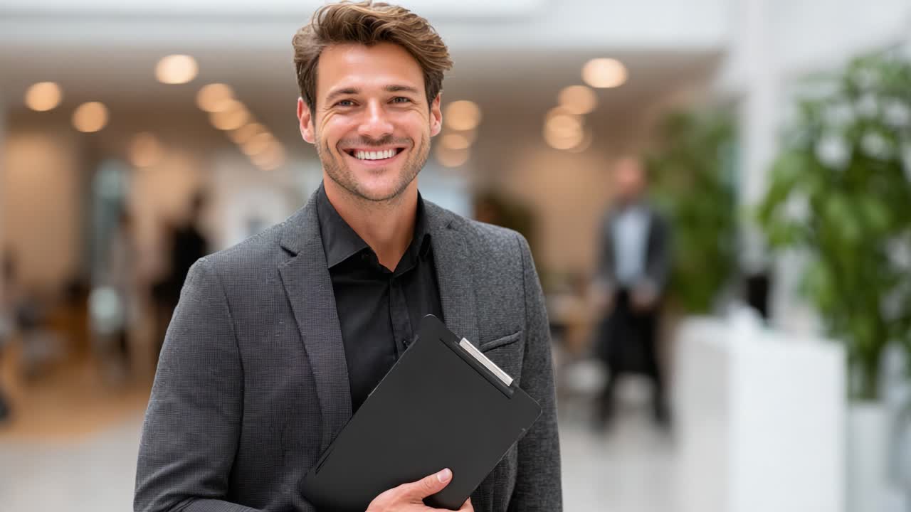 Un uomo professionista e sicuro di sé sorride mentre tiene in mano un blocco appunti in un ufficio moderno, trasmettendo positività e accessibilità in un ambiente aziendale