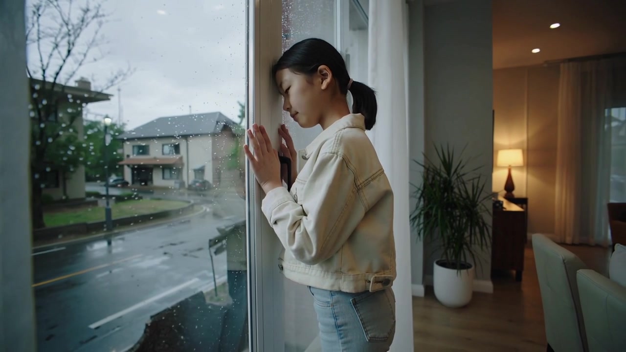 自宅でカーテンを開け、引き戸に手をかけて雨の様子を眺めるデニムジャケットを着た10代の若者