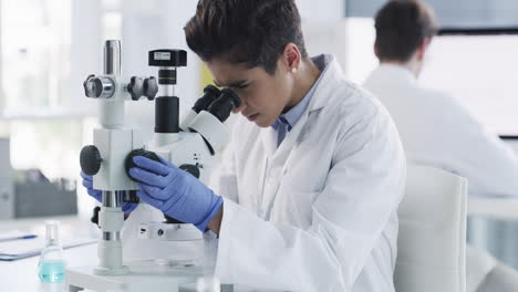 científico examinando la muestra bajo el microscopio