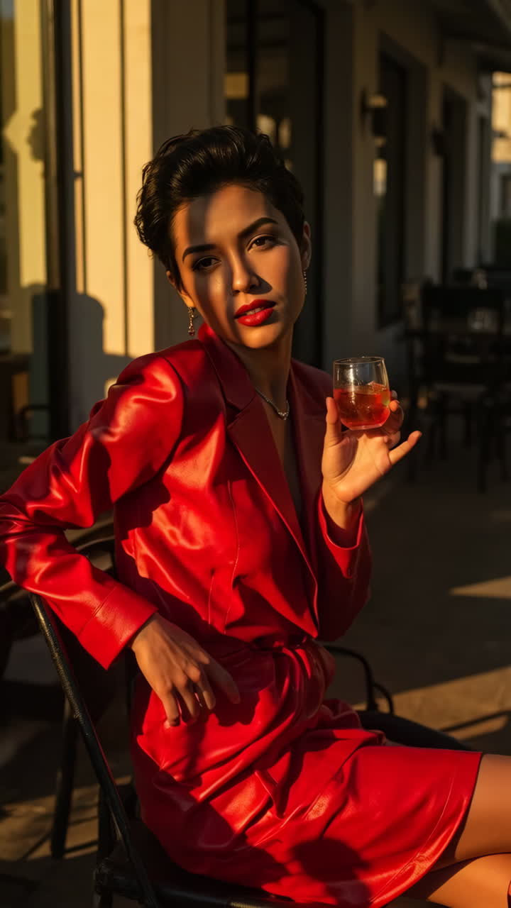 Elegant woman in red dress enjoying a drink at an outdoor cafe during golden hour