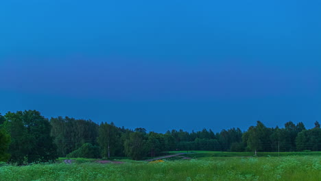 Green-field-with-trees-under-a-colorful-sky-at-sunset