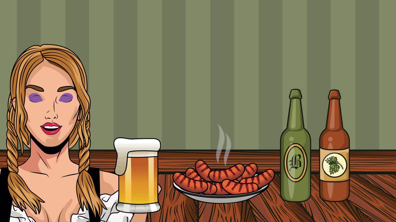 happy oktoberfest celebration animation with sexi girl drinking beer