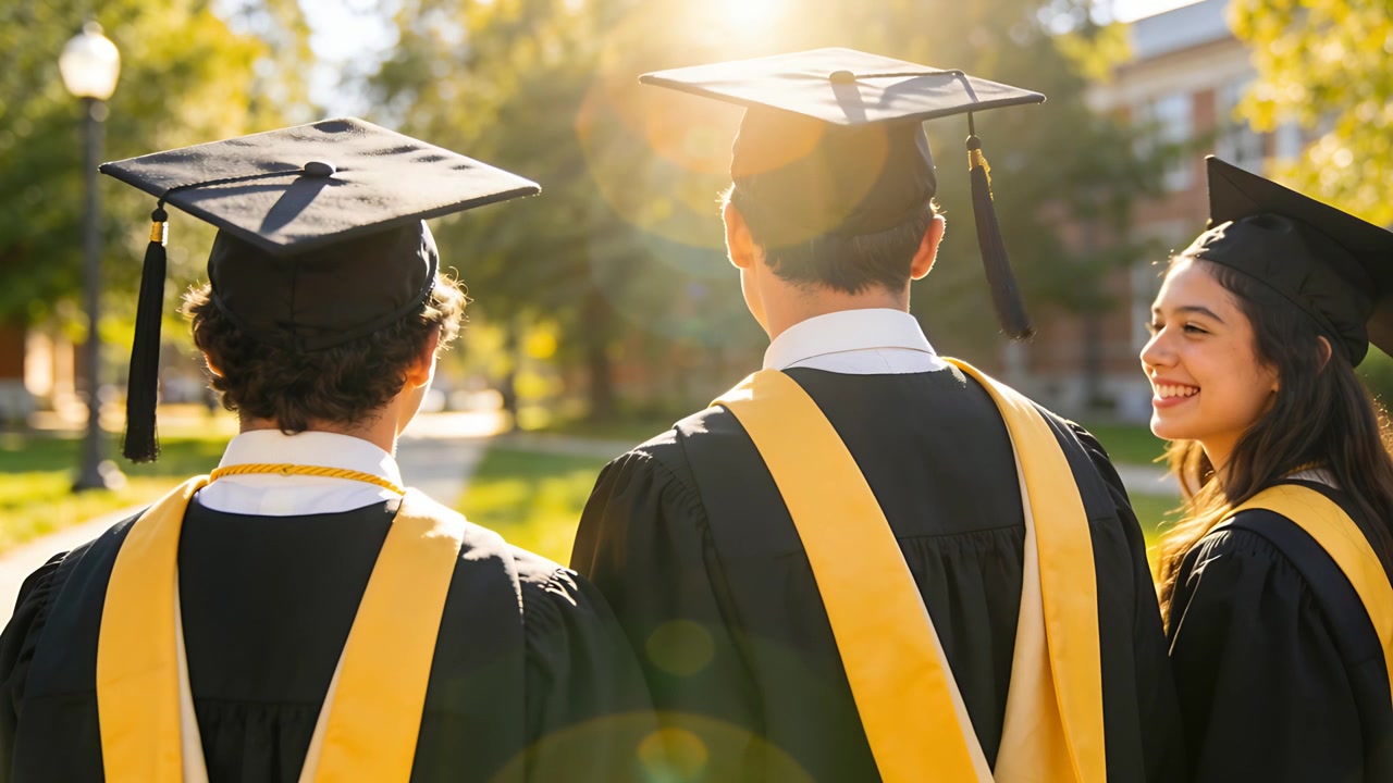 Laureati che camminano verso la cerimonia, sorridendo e parlando lungo il sentiero del campus, in toga e stola.