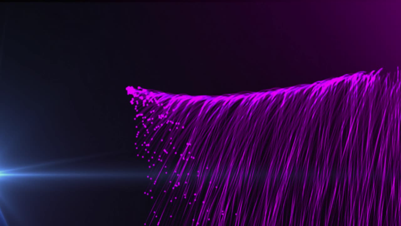 Animation of purple light trails falling and blue light spot against black background