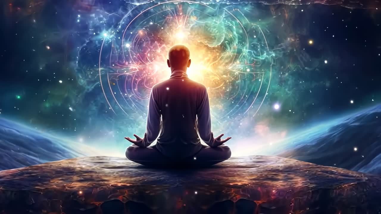 A mystical video concept of a person meditating under a cosmic sky. Shot from behind at a low angle