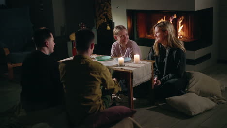 friends gathering by the fireplace