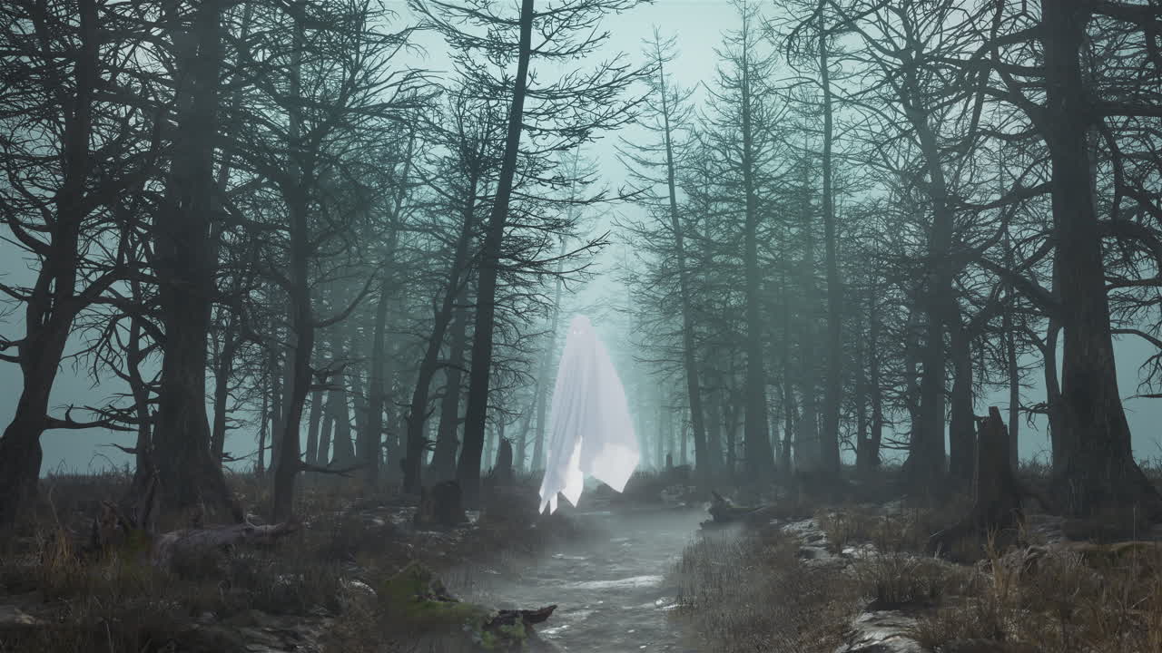 Loop daytime scary forest with flying ghosts