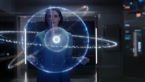 woman interacting with futuristic technology