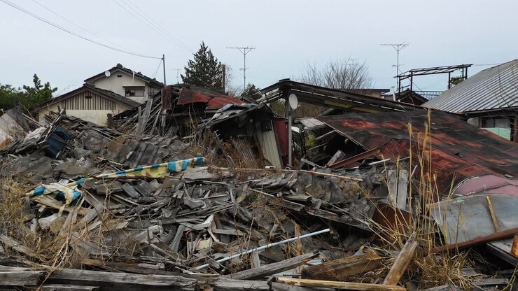 Câmera percorre estruturas de madeira colapsadas e escombros em Tomioka, Fukushima
