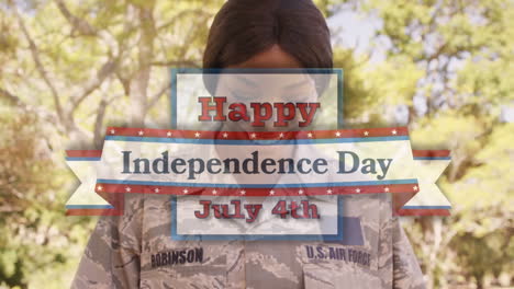 digital composite video of independence day text against mother and daughters smiling in background