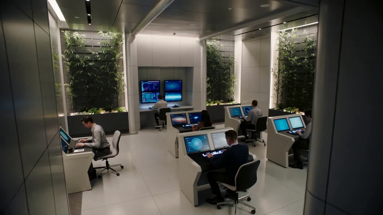 Reacting to update, team in shirts typing, swiping touchscreen, monitoring monitors in control room