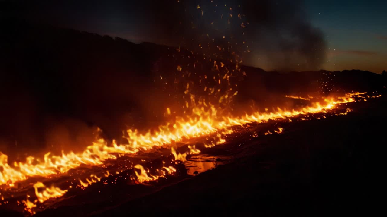 A Captivating Display of Fire: Vibrant Flames and Sparks Illuminate the Landscape at Dusk, Creating an Enchanting Scene of Nature's Fiery Power and Beauty