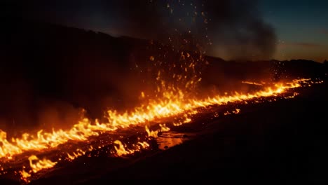 A Captivating Display of Fire: Vibrant Flames and Sparks Illuminate the Landscape at Dusk, Creating an Enchanting Scene of Nature&#039;s Fiery Power and Beauty