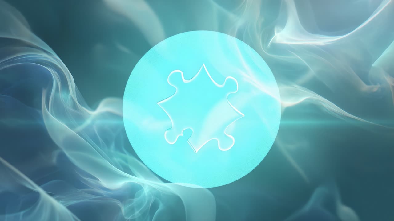 Single turquoise puzzle piece floating and glowing, then transforming into a circular icon on a flowing, smoky, ethereal background, symbolizing a concept, solution, or creative idea