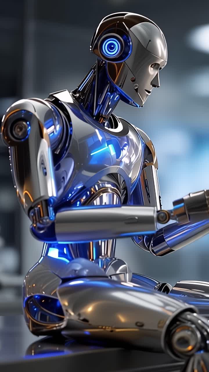 Un robot futuristico con elementi luminescenti blu siede pensieroso, mostrando tecnologia avanzata e un design elegante in un ambiente moderno.