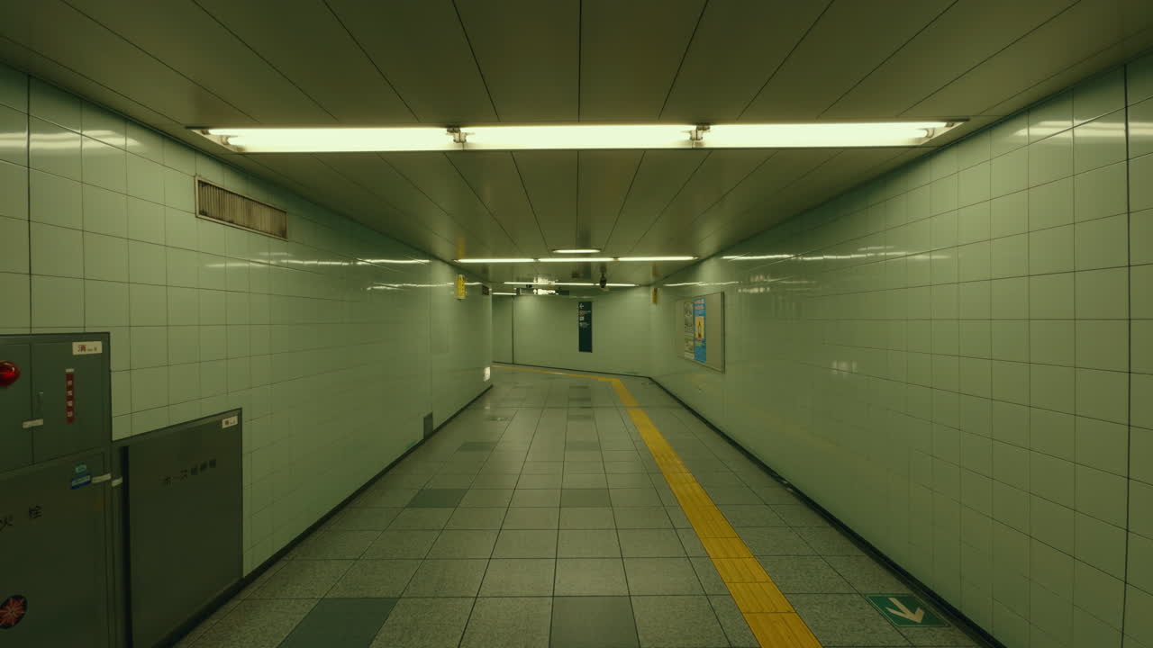 Clean underground hallway inside a Tokyo subway station with modern lighting