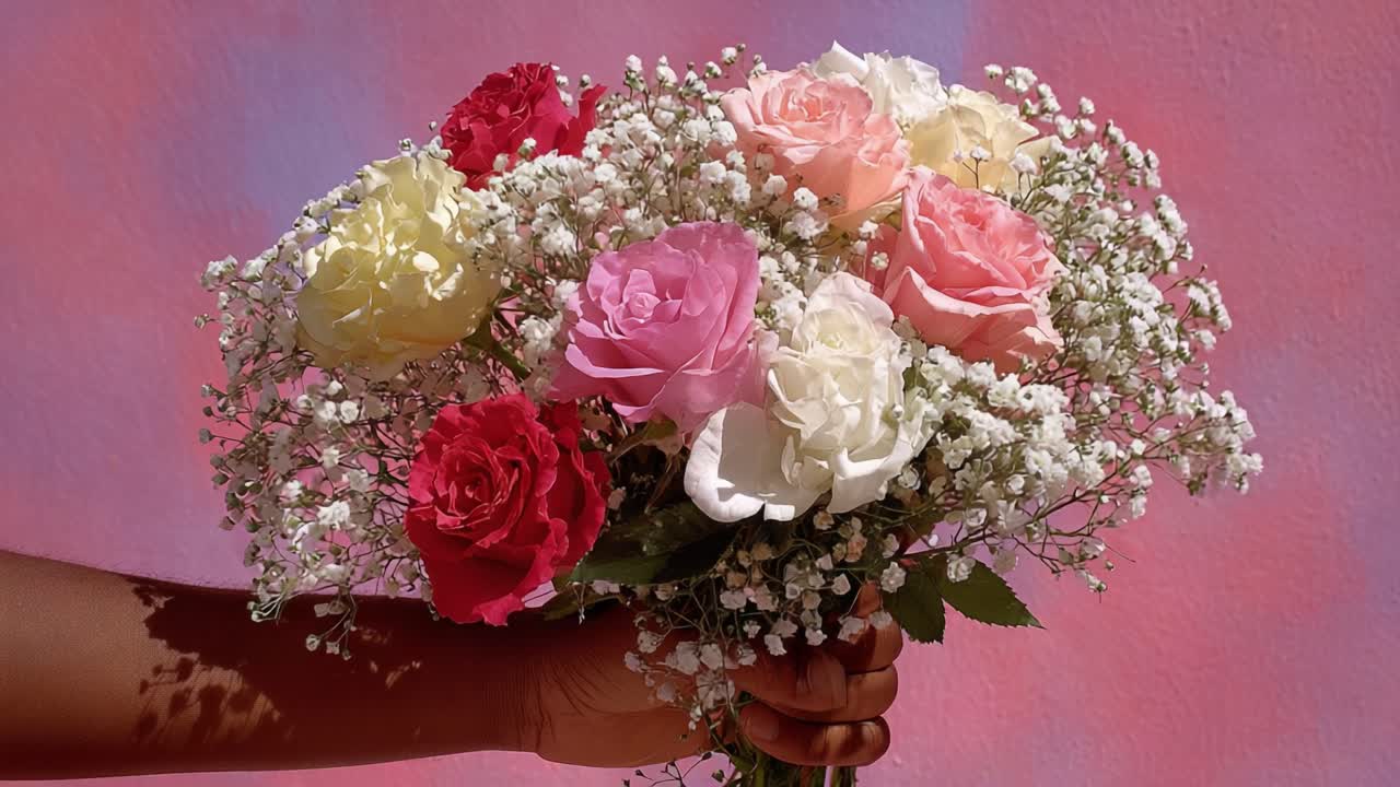 A Beautiful Bouquet of Fresh Roses and Baby's Breath Held Against a Soft Pink Background, Capturing the Essence of Love and Nature's Vibrance