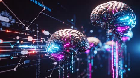 futuristic digital neural network representations: a close-up on high-tech artificial intelligence brains with glowing connections and data streams