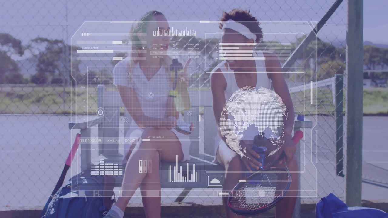 Two women sitting on tennis court bench with digital data overlay animation